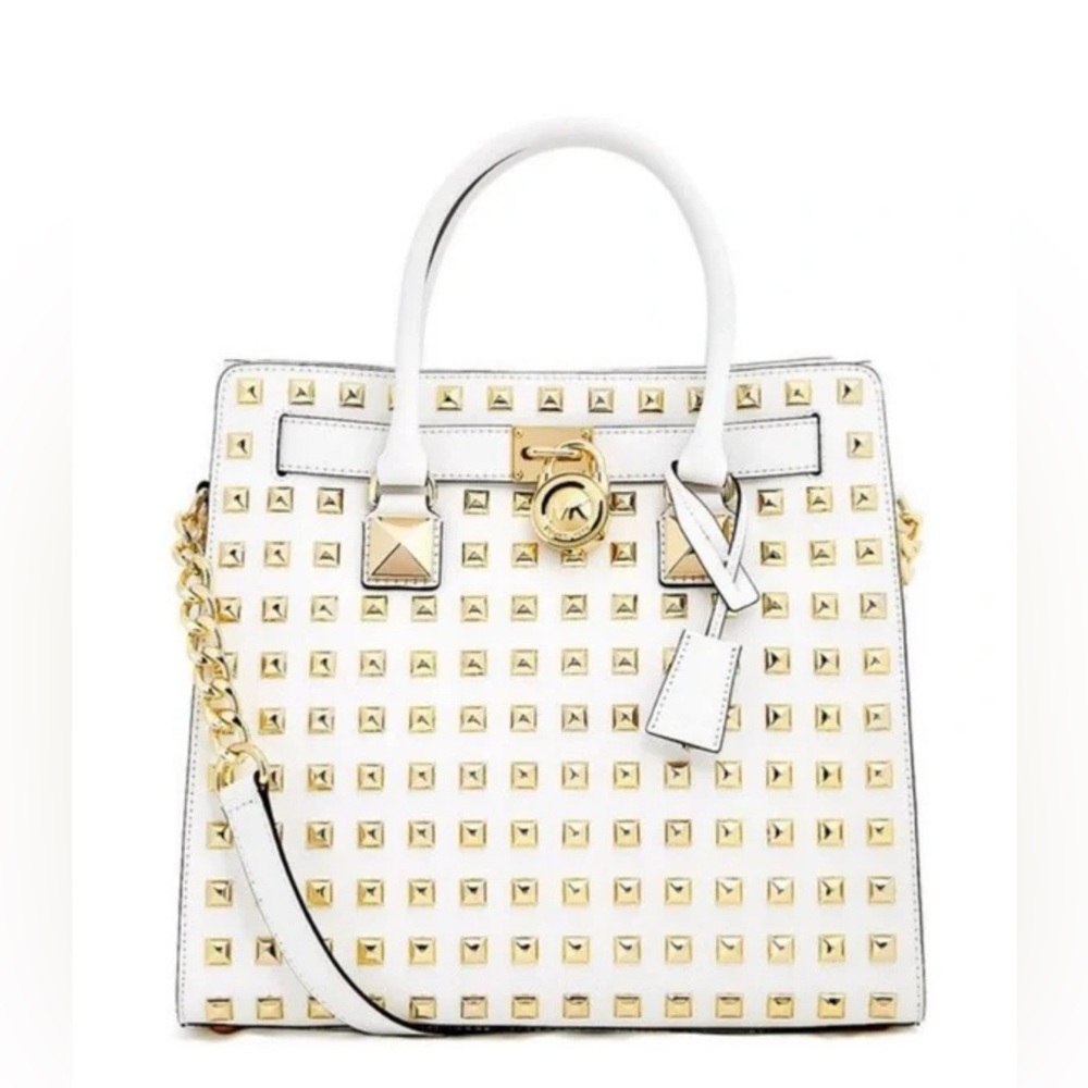 Michael Kors Hamilton Large Pyramid Studded Satchel Shoulder Bag Tote White